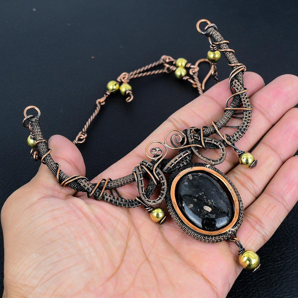 Shungite Gemstone Necklace, 999 Copper Wire Wrapped Handmade Designer Necklace Jewelry, Adjustable Chain Necklace Gift For Women