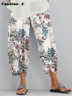 Vintage Trousers Women Summer Ladies Elastic Waist Floral Printed Pants Wide Leg Pants