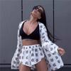 European And American Loose Long Sleeved Women's Printed Casual Commuter Lace Up Pajamas High Waist Shorts Suit