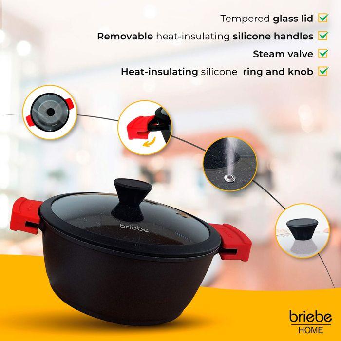 Induction Non-Stick Titanium Casserole 16cm, PFOA-Free Aluminum Cast Iron Lid Briebe Black Titanium Black