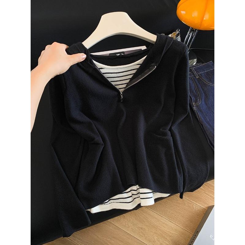 

Fake two-piece hooded long-sleeved knitted sweater women s autumn new pleated waist design top XL чорний