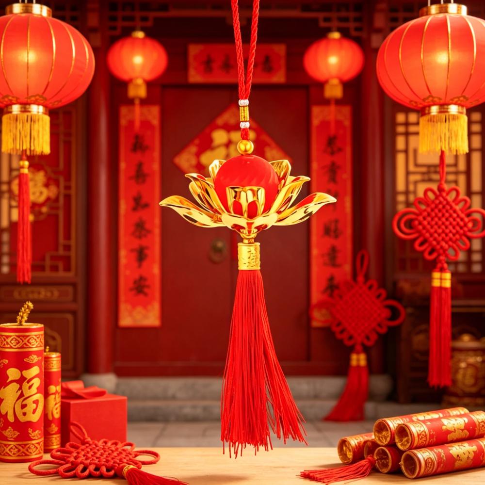 Red Golden Lotus Hanging Ornaments with Tassel Lucky Blessing Decor for Bonsai Tree Garden Home Festival Party Decor