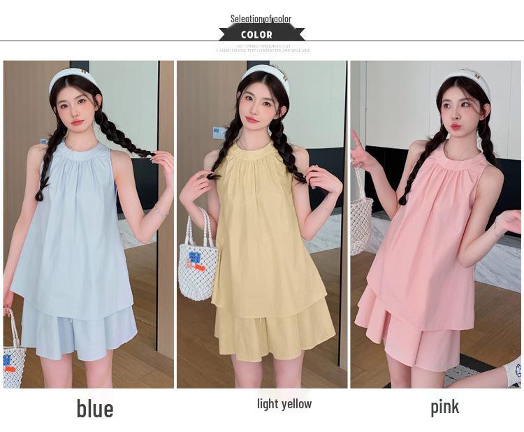 Francuski Uroczy Ciążowy Zestaw Babydoll Bez Rękawów Top i Szorty - Lato 2024