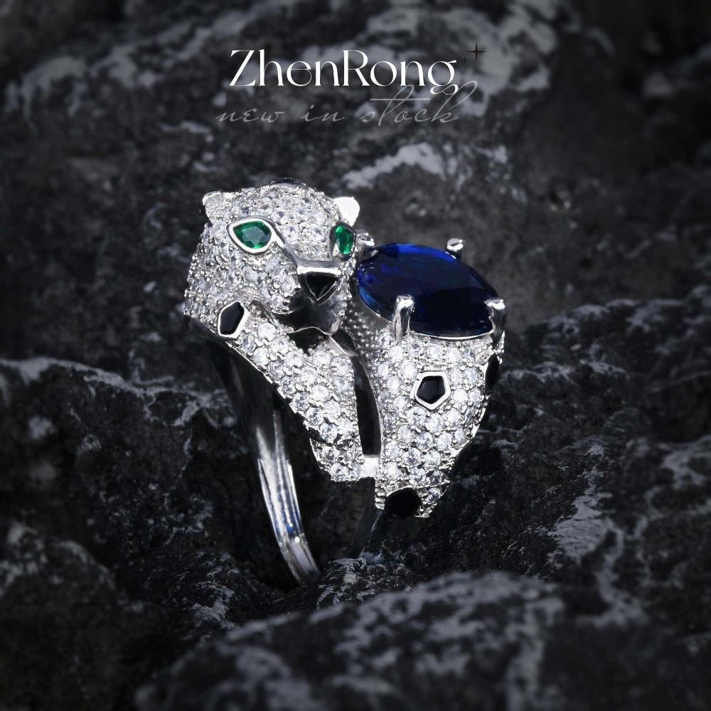 Royal Blue Sapphire Panther Necklace Set Emerald Pendant Blue Diamond Earrings Green Diamond Ring Women Jewelry