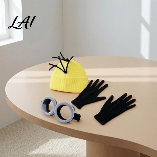 Black Cosplay Gloves 3Pcs Halloween Costume Accessories Yellow Knitted Hat Steampunk Goggles Immersive Effects Adults Party Set for Men Women