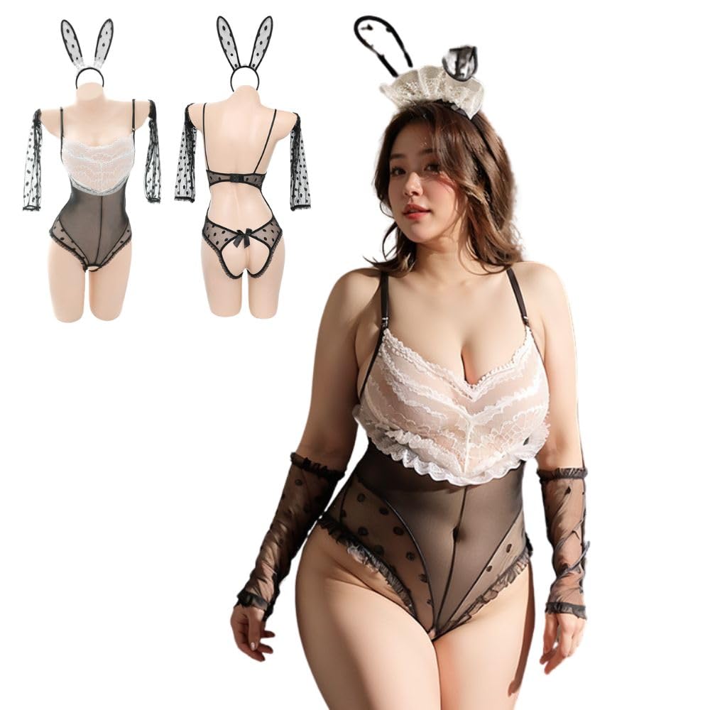 Bunny Girl Косплей Большой размер Взрослый Сексуальный Пухлый Горничная Экстремальный Перфорированный Милый Костюм Нижнее Белье Черный Белый Высокий Нога Babydoll Кружевной Комплект [MORApink]