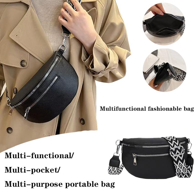 Sleek Black Faux Leather Waist Bag with Patterned Strap, Adjustable, Lightweight for Daily Commute, Casual, Stylish, Functial Bag