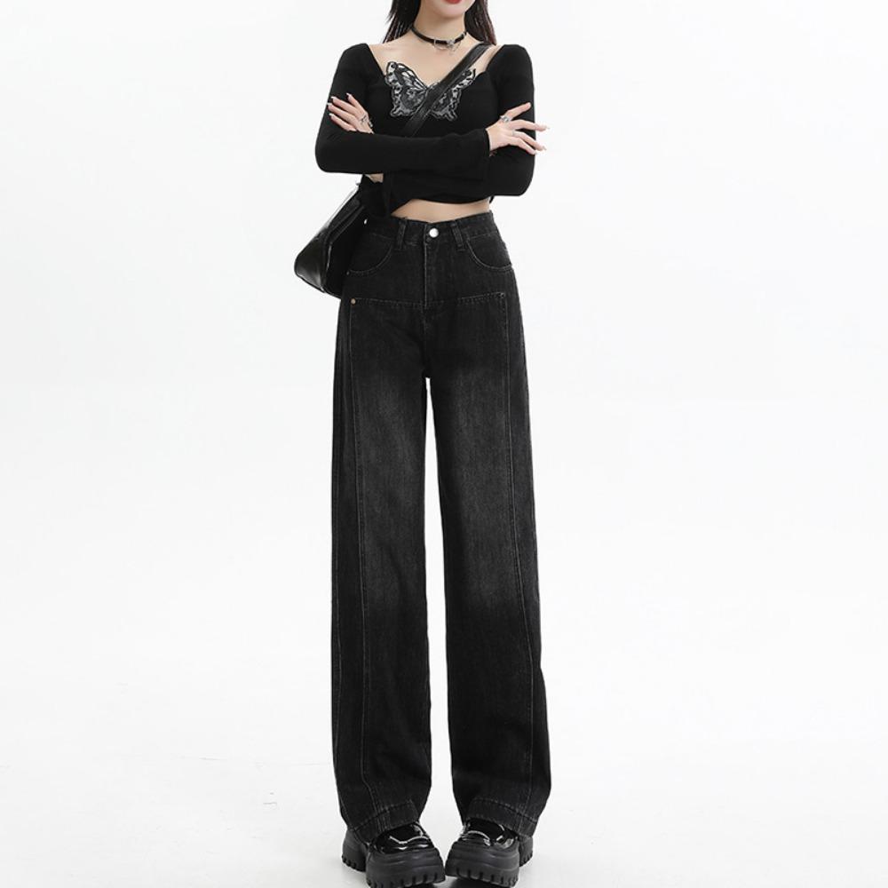 Vielseitige amerikanische Retro-Jeans Damen Herbst Neu Gerade Fallend Klein Dünn Weiter Bein Bodenlange Hose