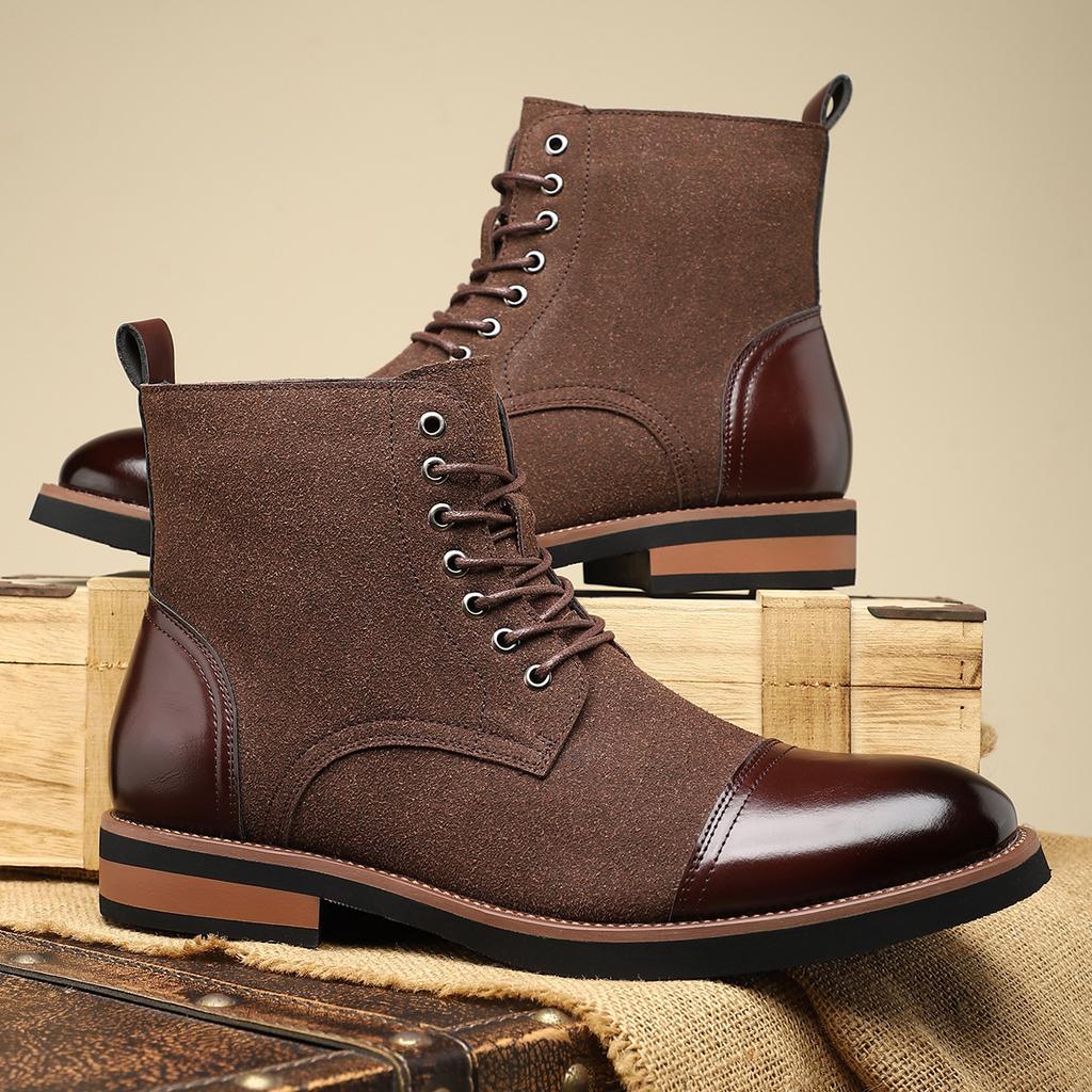 New Designer Pointed Mixed Color Lace Up Business Casual Ankle Boot for Men Winter High Tops Motorcycle Chelsea Leather Shoes