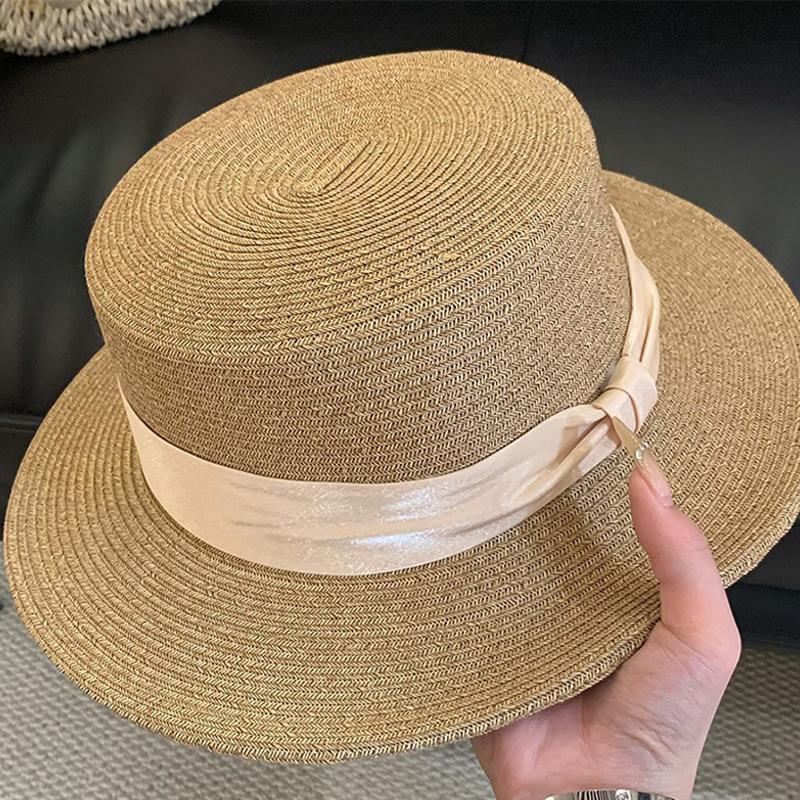 

French-style Satin Ribbon Straw Hat Flower Women: Beach Holiday, Sun Hat, Fresh and Chic, Breathable and Soft One Size