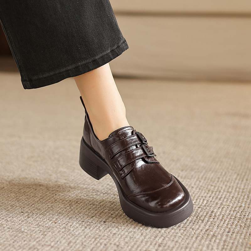 Krazing Pot Microfiber Round Toe Chunky Heels Spring Summer Shoes Big Size 43 Size 33 Women Metal Buckle Platform Pumps