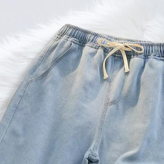 Pantaloni Scurți Denim Bărbați Talie Elastică Șnur Picior Drept Larg Pantaloni Scurți de Vară Culoare Solidă