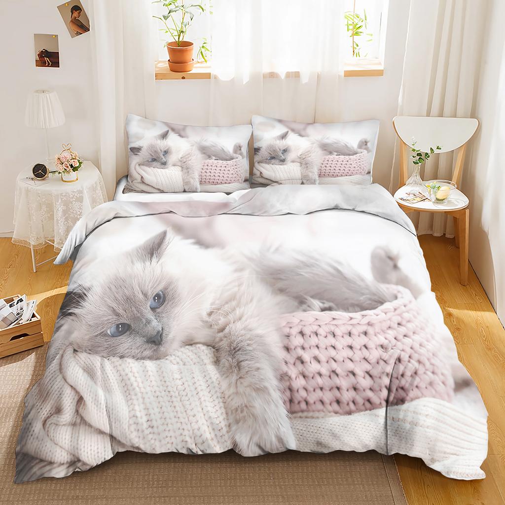 Cat, Animal Bedding Set black Anime 100% Polyester Duvet Cover Set Printed Cartoon Home Decor