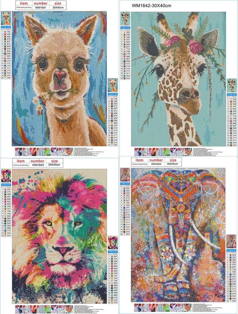 LEADINTOP Diamond Art Kit, 4 Cute Animals, Diamond Painting Mosaic Art, Round Beads, Popular DIY Craft Kit for Kids and Adults, Beginners, 30x40cm