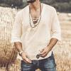 V-Neck Solid Color Men Shirt Lightweight Front Lace Up Half Sleeve T-shirt Male Clothing