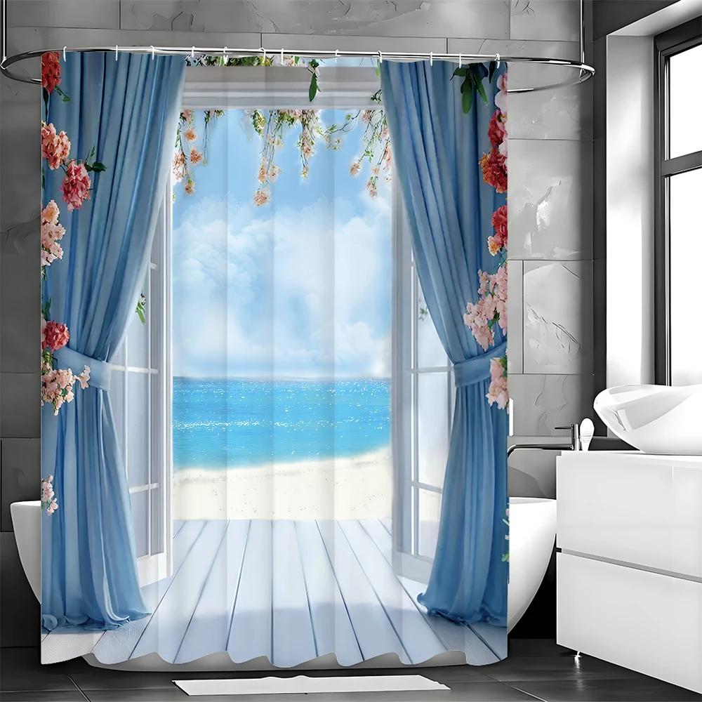 Ocean Blue Curtain Plank Beach Floral Shower Curtain, Bathroom Decorative Shower Curtain, Waterproof Shower Curtain with Hooks