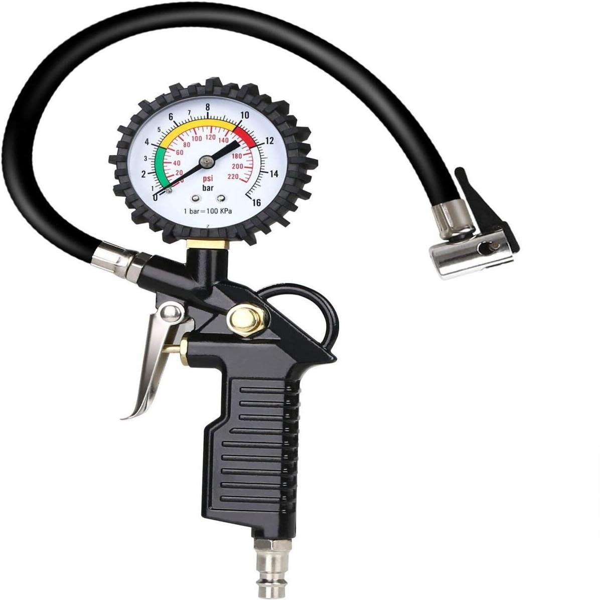 

2023 Манометр для шин 0-220 PSI Накачування шин з манометром, повітряним компресором, клапанним пневматичним патроном і подовжувачем клапана на 90 градусів PJ чорний