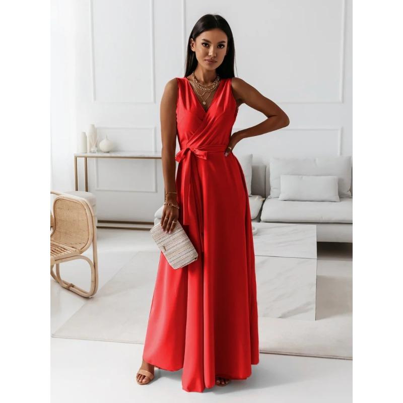 JPNTKY Fashion Summer Spring Solid Color Print Sleeveless V-Neck Casual Dresses