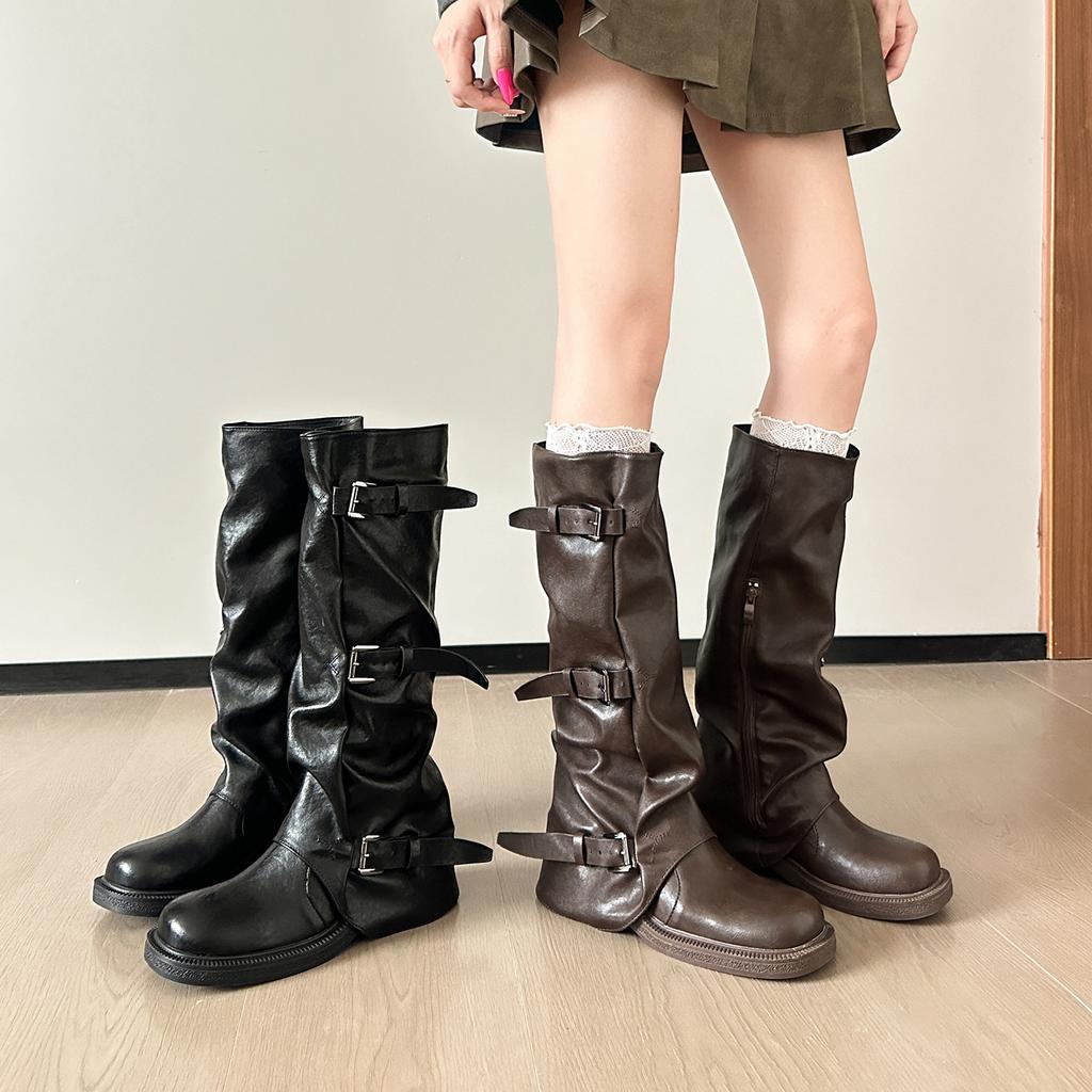 Grape Mom Same Style~ Belt Buckle Square Head Folds Tall Tube Knee Knight Boots Fleece Wide Fat mm Large Size 41-43