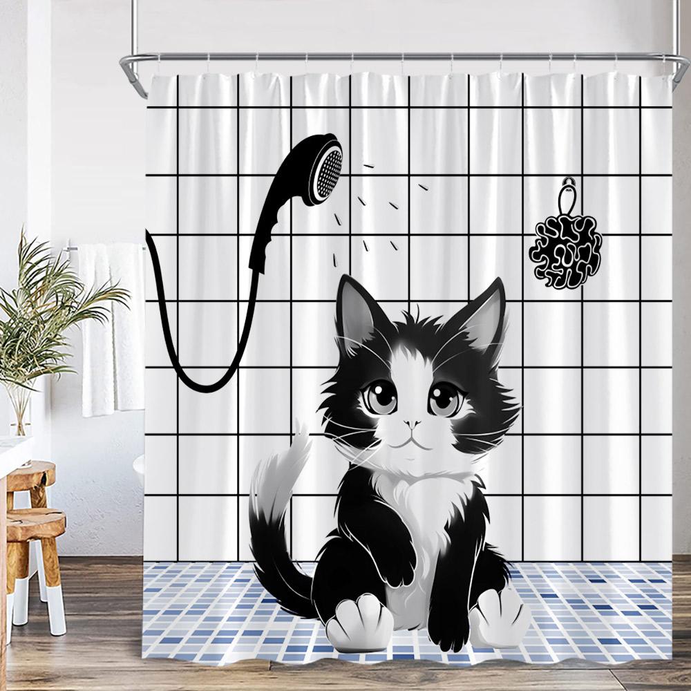 Cute Cats Shower Curtains Bathing Cats Cartoon Animals Bathroom Decortaions Kids Polyester Fabric Bath Curtains with Hooks
