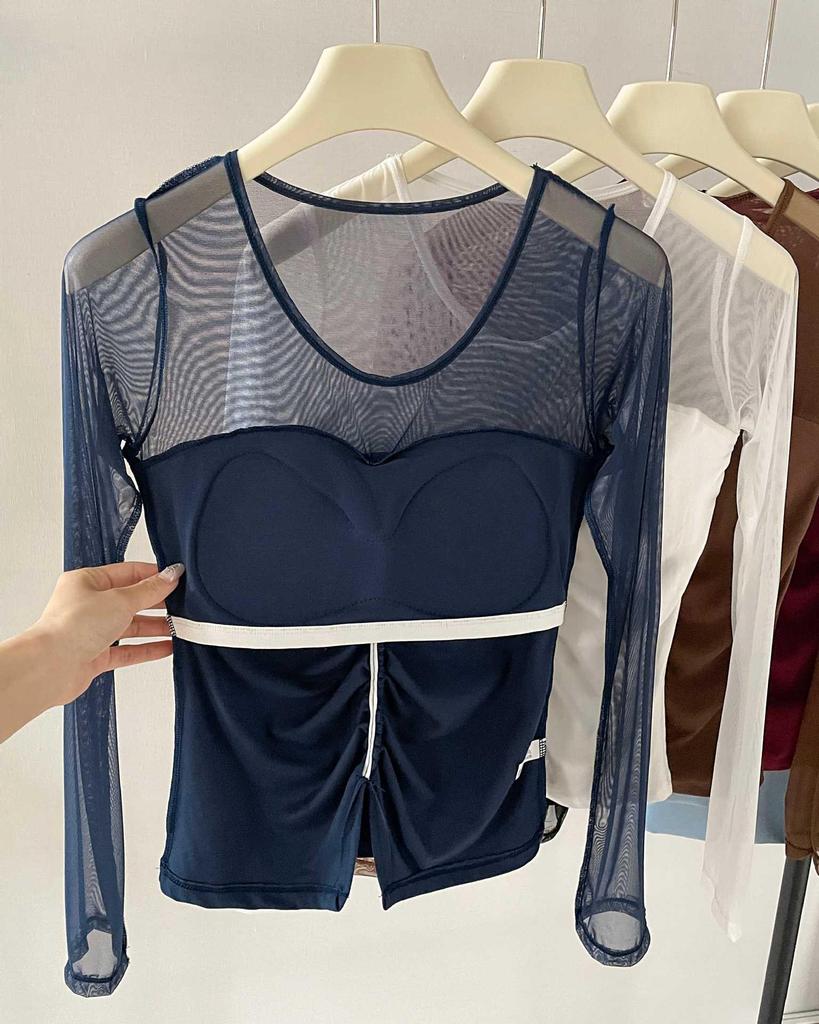 2026 Spring/Summer Women's Slim Mesh Layer Round Neck Long Sleeve Top