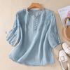 Women's Ruffle Neck Three Quarter Sleeve Blouse Loose Fit Vintage Floral Embroidery Linen Shirt