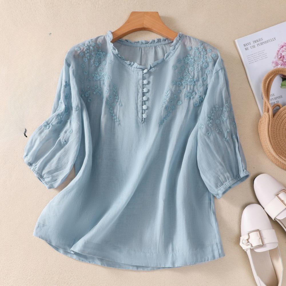 Women's Ruffle Neck Three Quarter Sleeve Blouse Loose Fit Vintage Floral Embroidery Linen Shirt