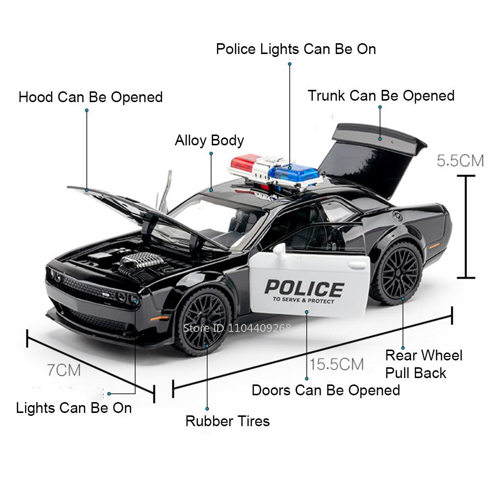 Scale 1:32 Challenger SRT Hellcat Model Car Toy Pull Back Sound Light Alloy Diecast Police Cars Models Kids Collection Gifts