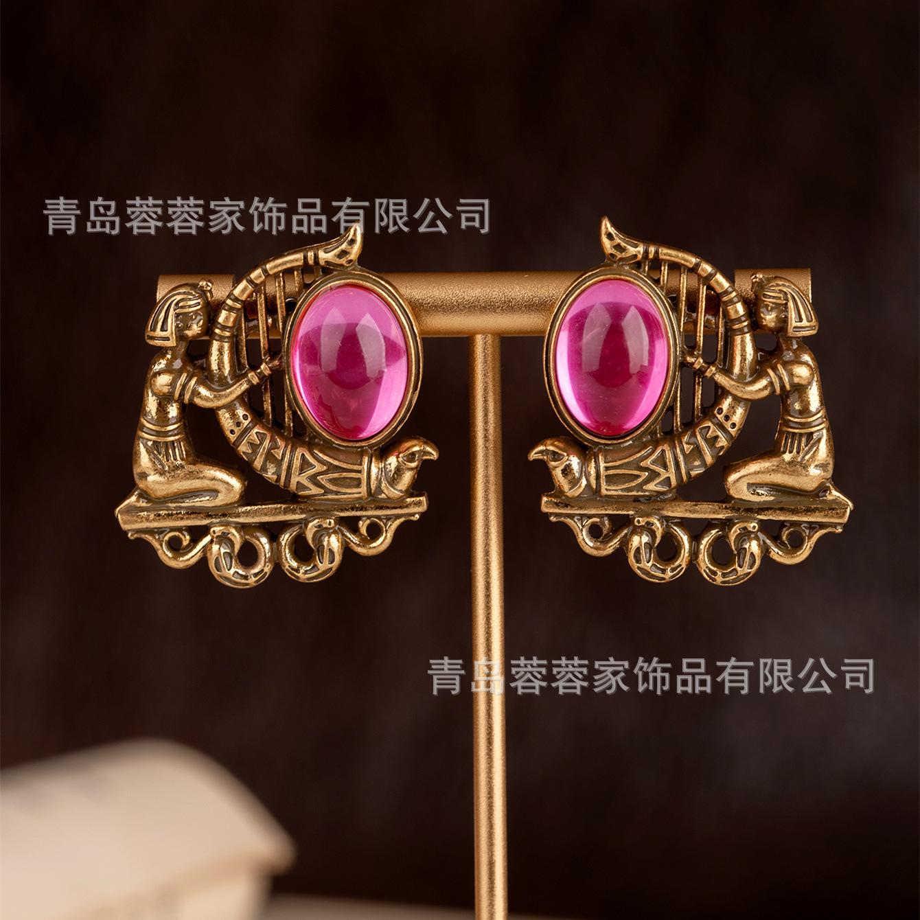 Vintage Retro Egyptian Pharaoh Revival Series Earrings With Golden Palace Style Antique