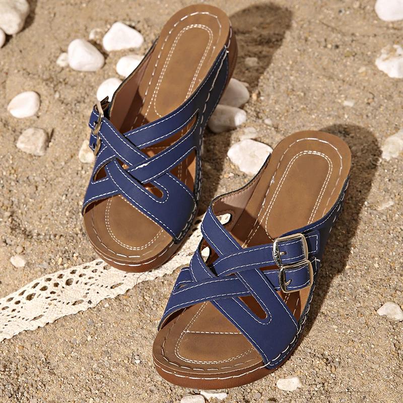 

Fashion Fashion Double Buckle Platform Sandals Women Comfort Cross Strap Wedge Heel Sandals Woman Plus Size Non Slip Beach Slippers 43 36 синий