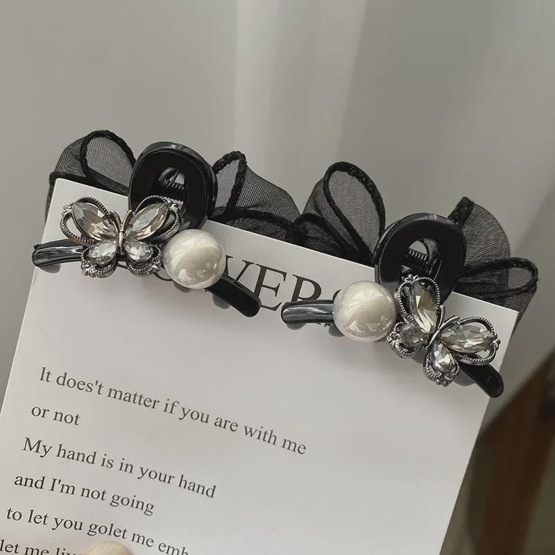 Elegant 6cm Pearl Rhinestone Mesh Bow Hair Clip