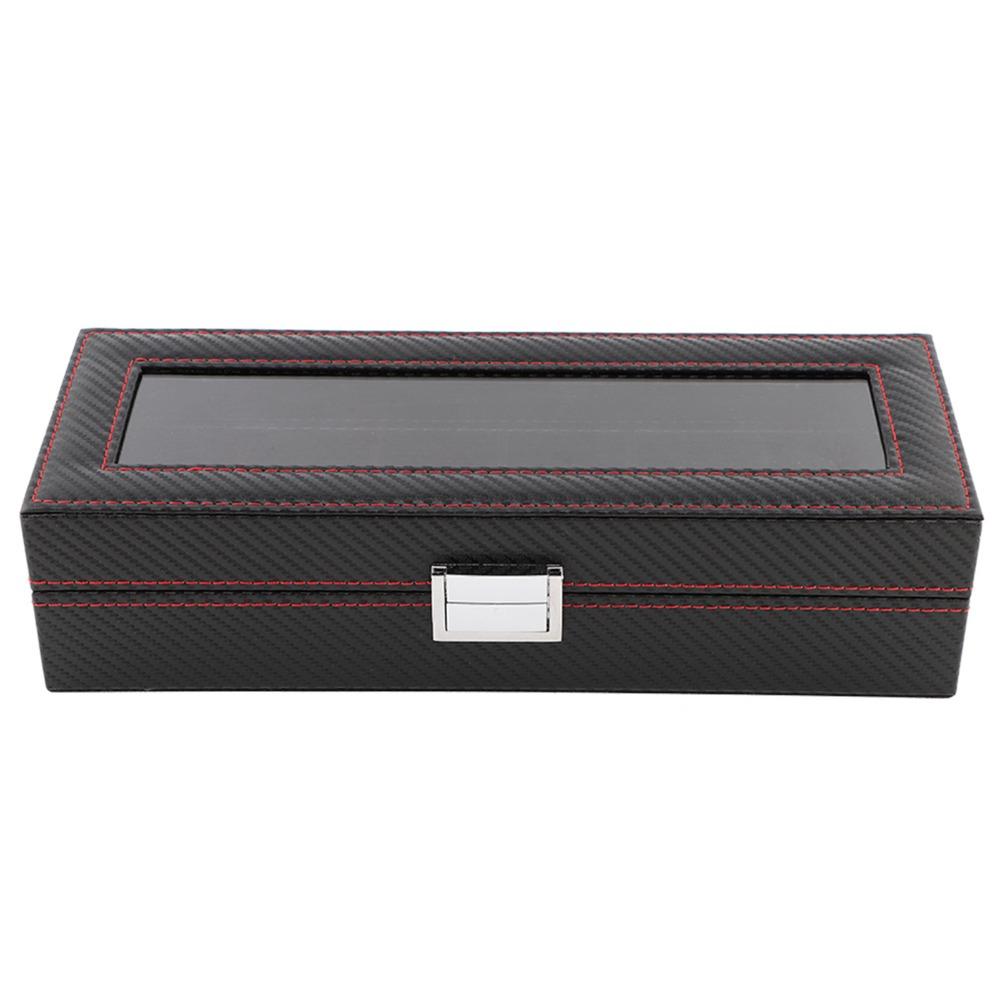 Elegant Carbon Fiber Watch Box 6 Slots Red Line Watch Storage Luxury Transparent Window Watch Case Collection Use
