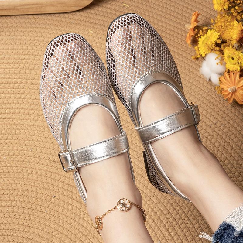 Round Headed Mesh Hollowed Out Single Button Shoes for Women, Comfortable Flat Shoes, Fishing Net Shoes