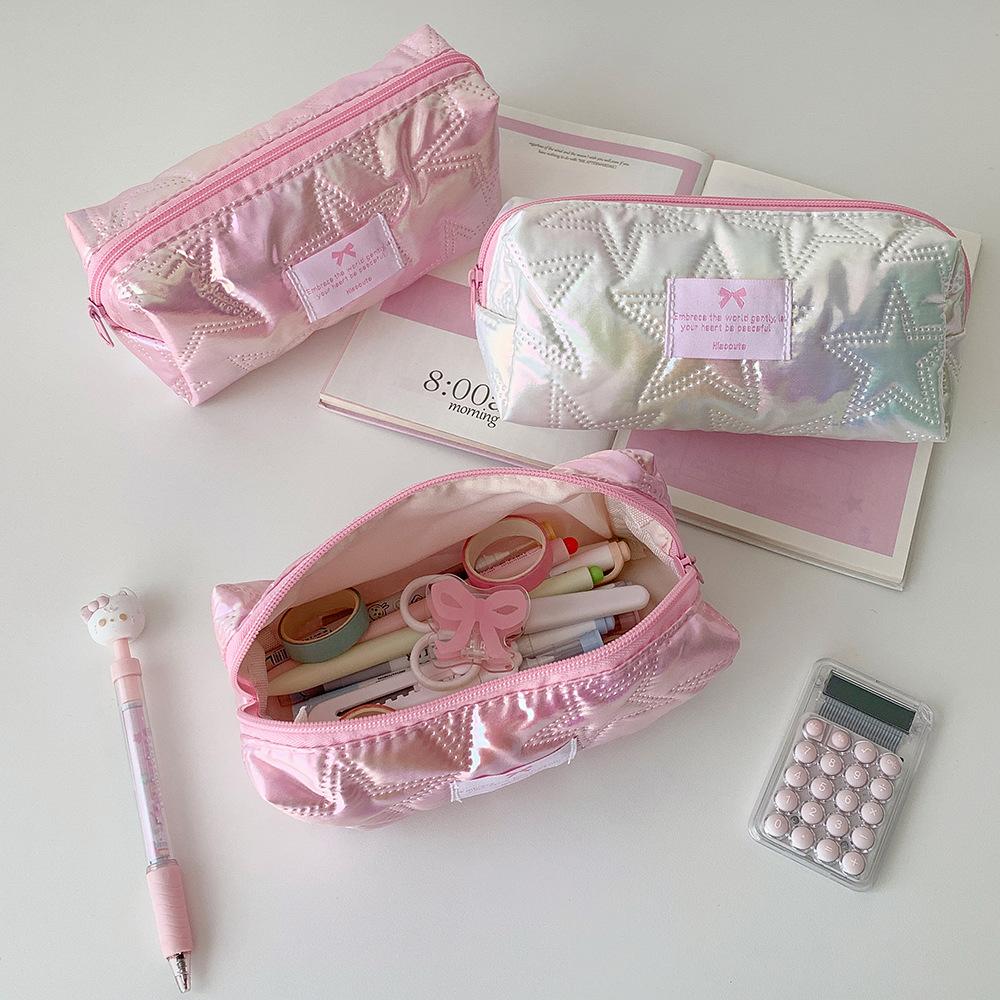 Polyester Storage Bag Star-Patterned Pink Pen Bag Pencil Case Glossy Stationery Organizer For Gift For Girls Travel School