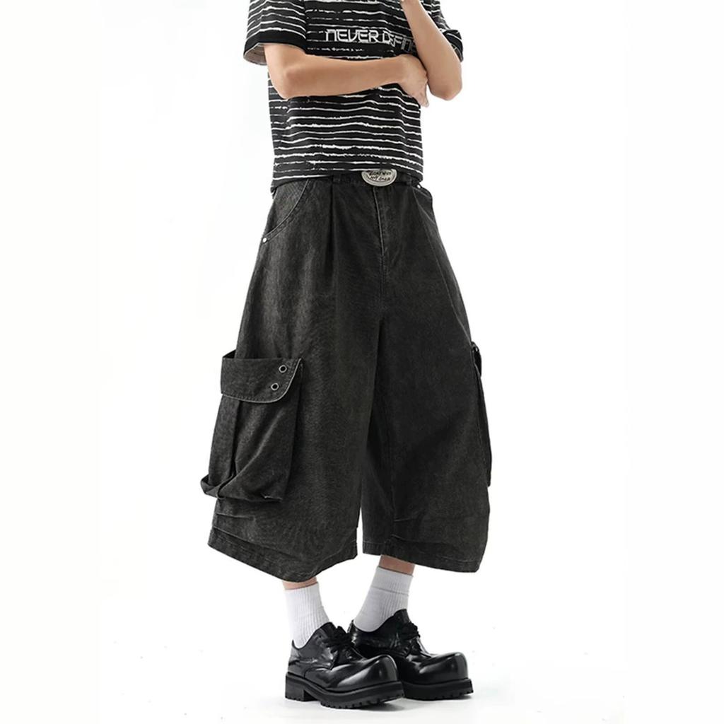 American Tooling Style Black Multi-pocket Wide-leg Pants Men's and Women's Loose Cropped Pants Pleated Design Denim Pants Tide