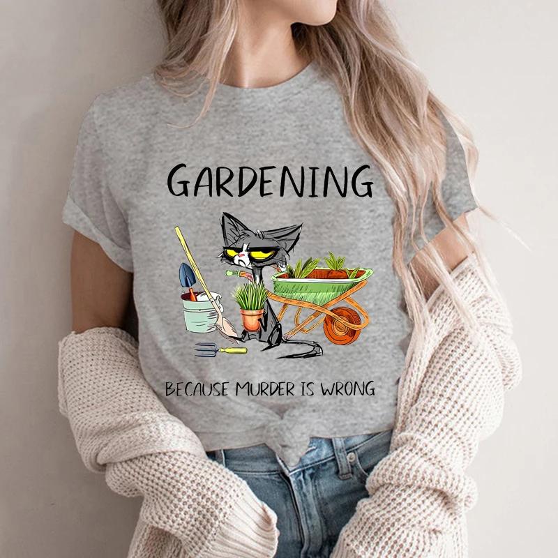 Women's T-shirts Gardening Because Murder Is Wrong Shirt Black Cat Tshirts Funny Cat Tees Gardening Lover Shirts Sarcastic Tees