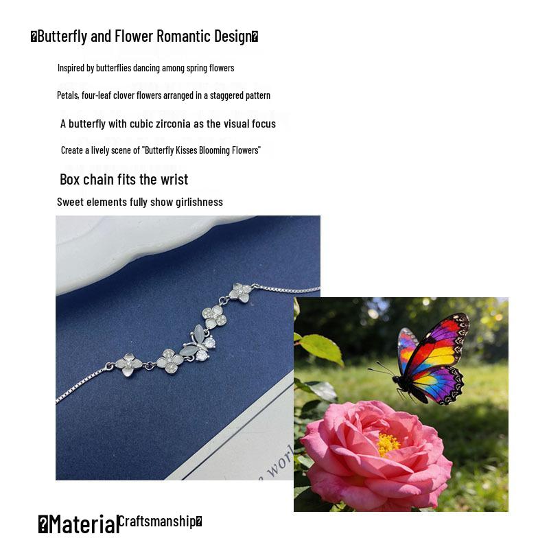 S925 Sterling Silver Flower & Butterfly Bracelet for Women, Personalized with Zircon, Simple & Versatile Design