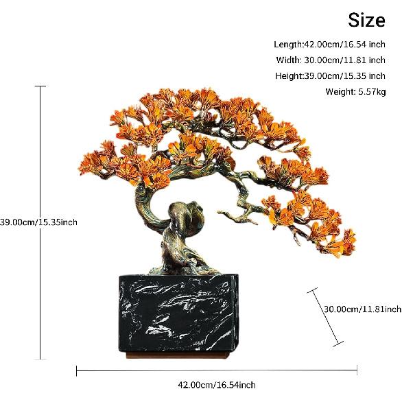 Aris & Juno Hand-Painted Copper Golden Pine Tree Sculpture with Marble Base, Traditional Chinese Wealth & Resilience Symbol, Feng Shui Office Desk