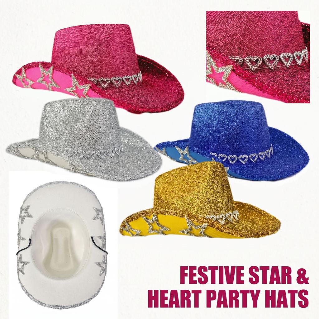 Decorative Western Hat with Feather Trim, Heart Shape, Rhinestones and Star Accents for Holiday Party