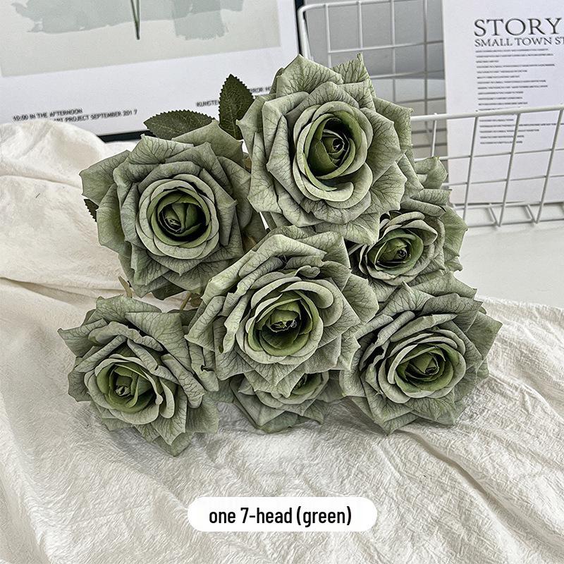 7-Head Embossed Cappuccino Rose Bouquet: Artificial Wedding Car Decoration with High-End Feel