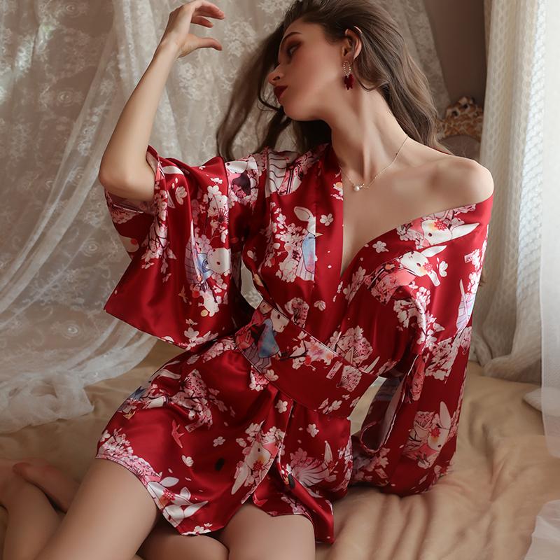 Women's Nightgown Japanese Style Sexy Low-cut Cardigan Pajamas Flower Print Kimono Bathrobe Women's Satin Robe