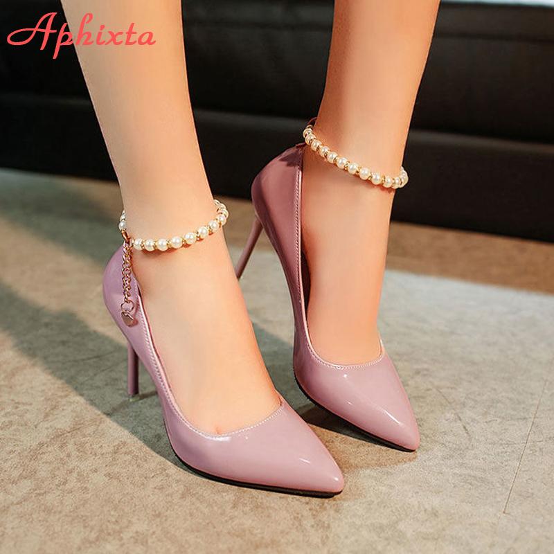 Fashion Aphixta Pearl Chain Luxury 10cm Thin Heels Pointed Toe Pumps Women Official Patent Leather Shoes Wedding Plus Big Size 49 50
