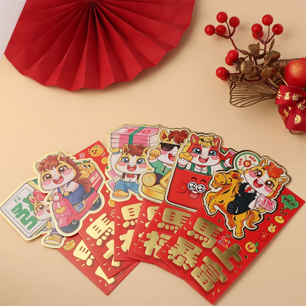 6pcs Cartoon 2026 Horse Year Red Envelope Traditional Paper Craft Lucky Money Pouch Mixed Pattern Blessings Festival Hongbao