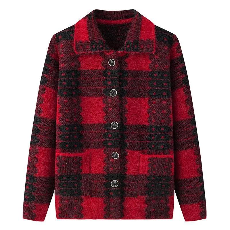 Kobiety Jesień Zima Casualowa Kraciasta Odzież Swetry Dzianina Topy Babcia Pogrubiona Ciepła Wełniana Kurtka