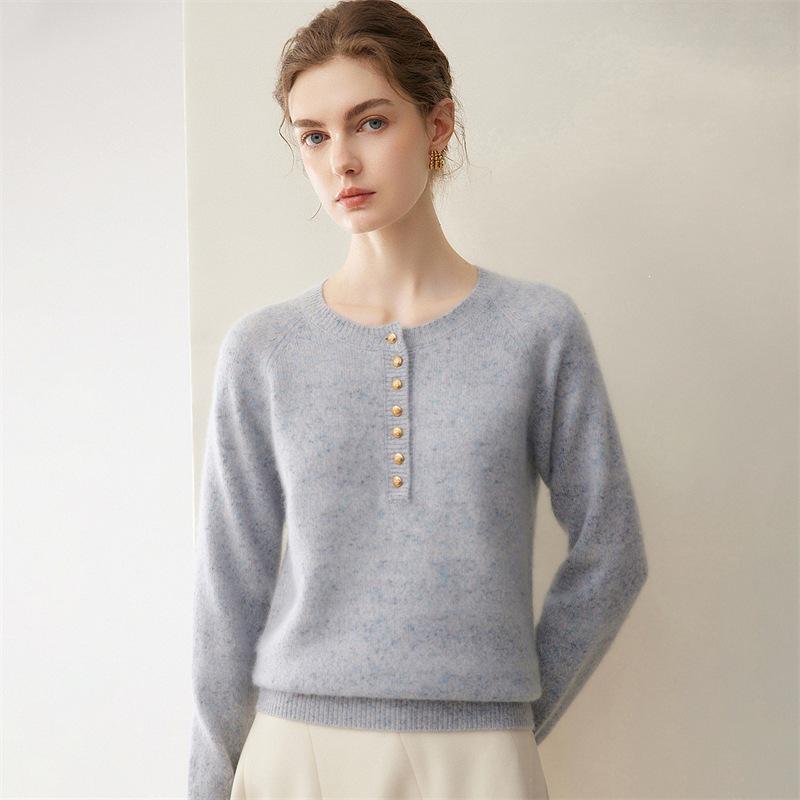 Autumn/Winter Simple Style Cashmere Sweater - Round Neck, Buttoned, Soft Knitwear, Loose Fit