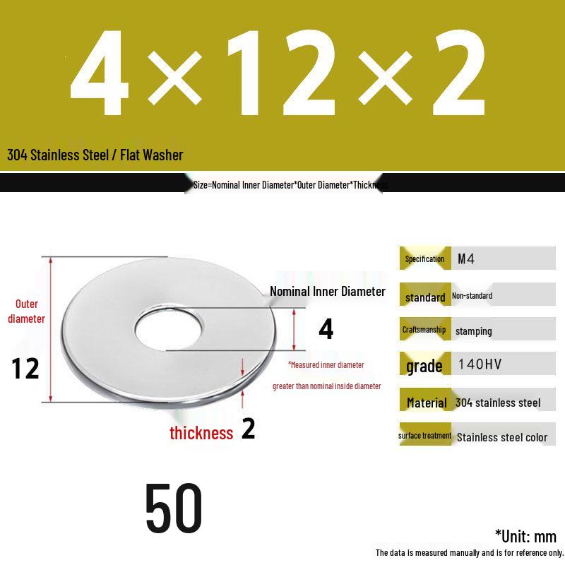 304 Stainless Steel Thickened Flat Washer Set, Sizes 2-36