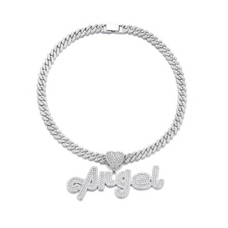 European & American Full Diamond "ANGEL" Cursive Pendant Necklace - Hip Hop Style