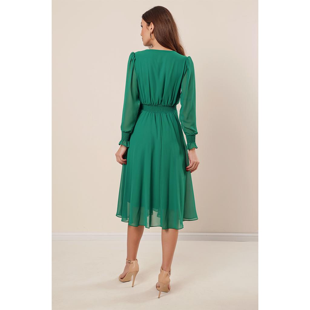 Double Breasted Collar Lined Waist And Sleeve Ends Gipe Lined Chiffon Dress