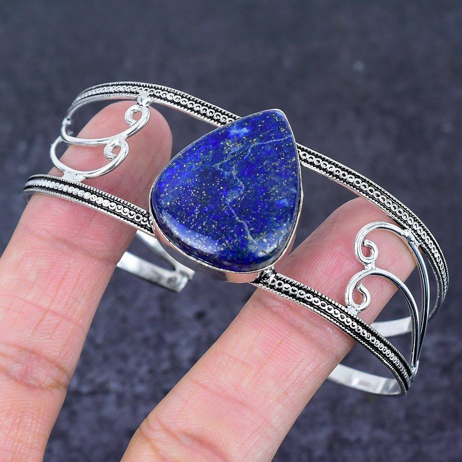 Natural Lapis Lazuli Gemstone 925 Sterling Silver Cuff Bangle Adjustable P9K65