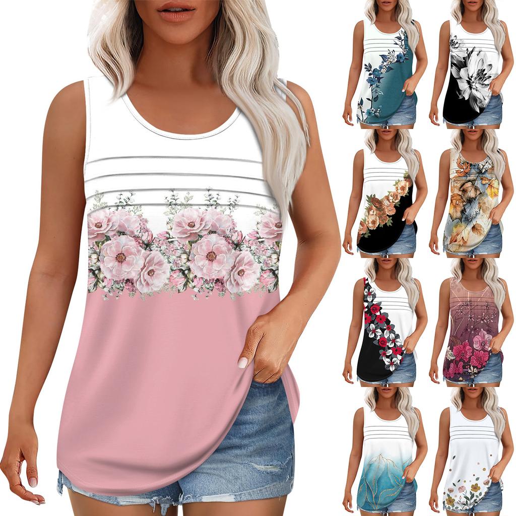 Tank Top For Women Summer Outfits Sleeveless Print Blouses Casual Loose Shirts Scooped Neck Pleated Front